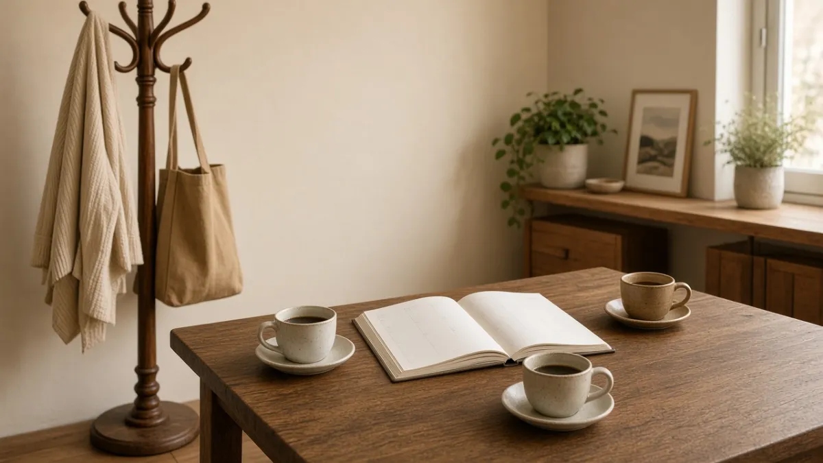 Mesa de oficina en la trastienda de una peluquería con un planificador semanal y cafés